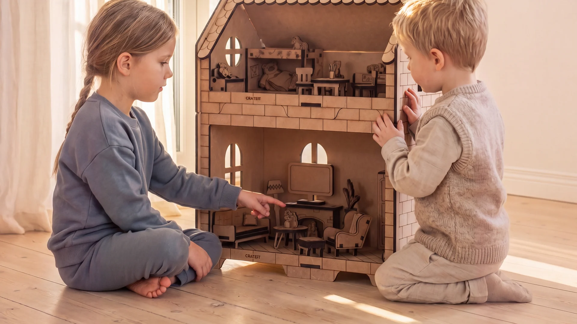 To søskende leger med et Crateit Roomies dukkehus i træ
