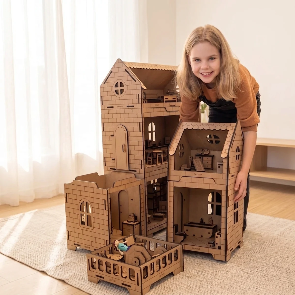 Pige stabler fire Crateit Roomies dukkehuse i traeet oven paa hinanden