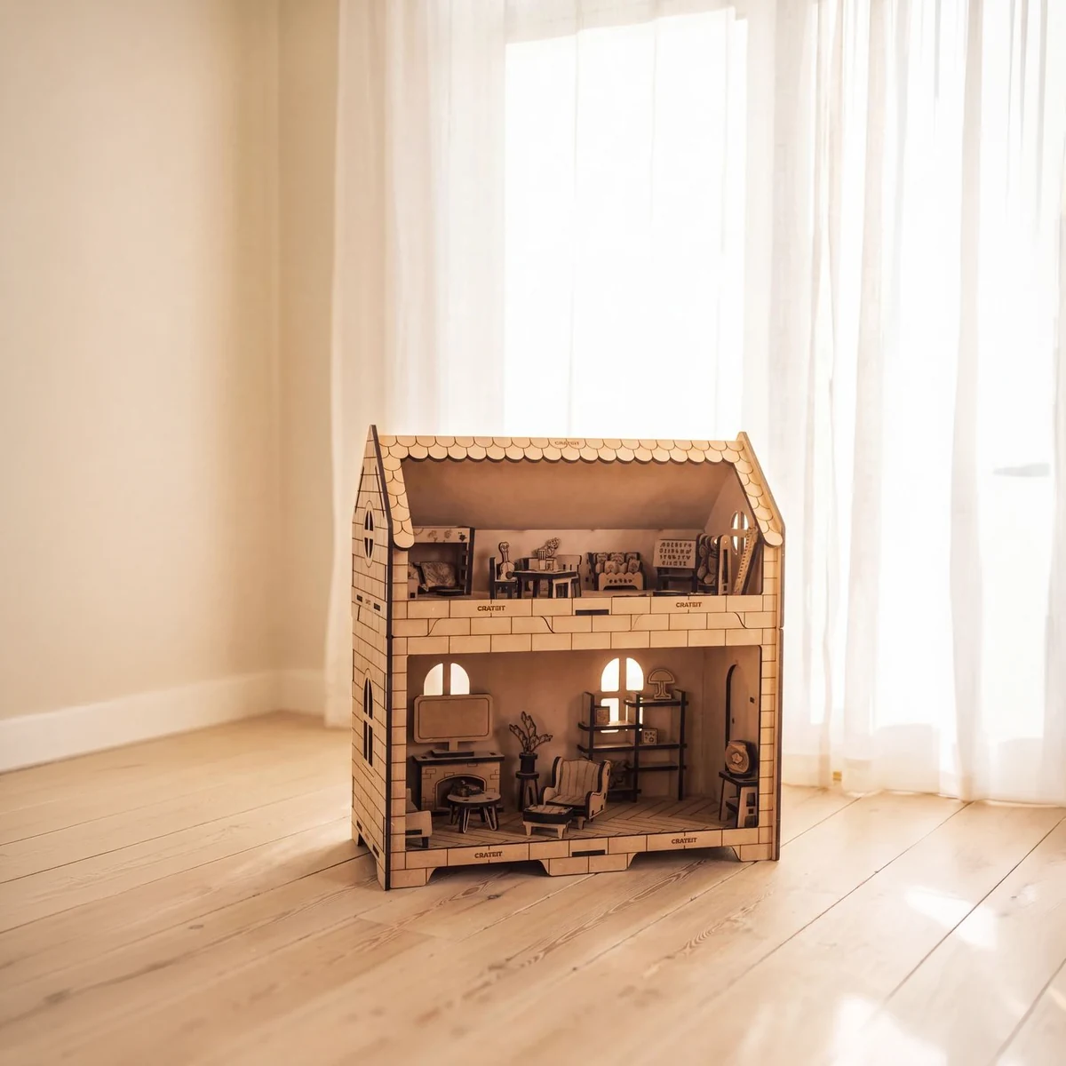 Crateit Roomies - Wooden toy - Living Room & Playroom - Couch & Crayons - hus i nordisk lys