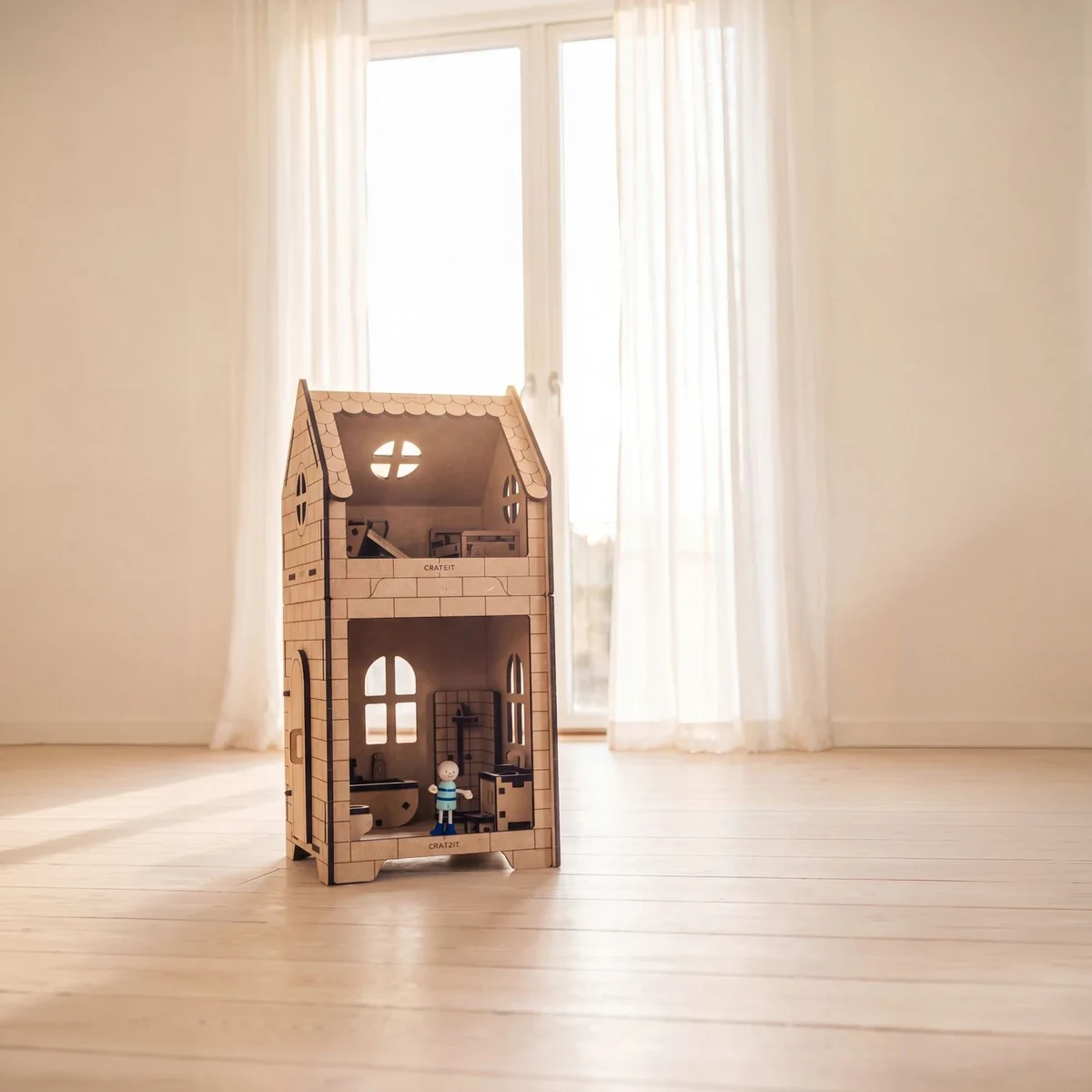 Crateit Roomies - Wooden toy - Bathroom & Bedroom - The Bubble Nest - hus i nordisk lys
