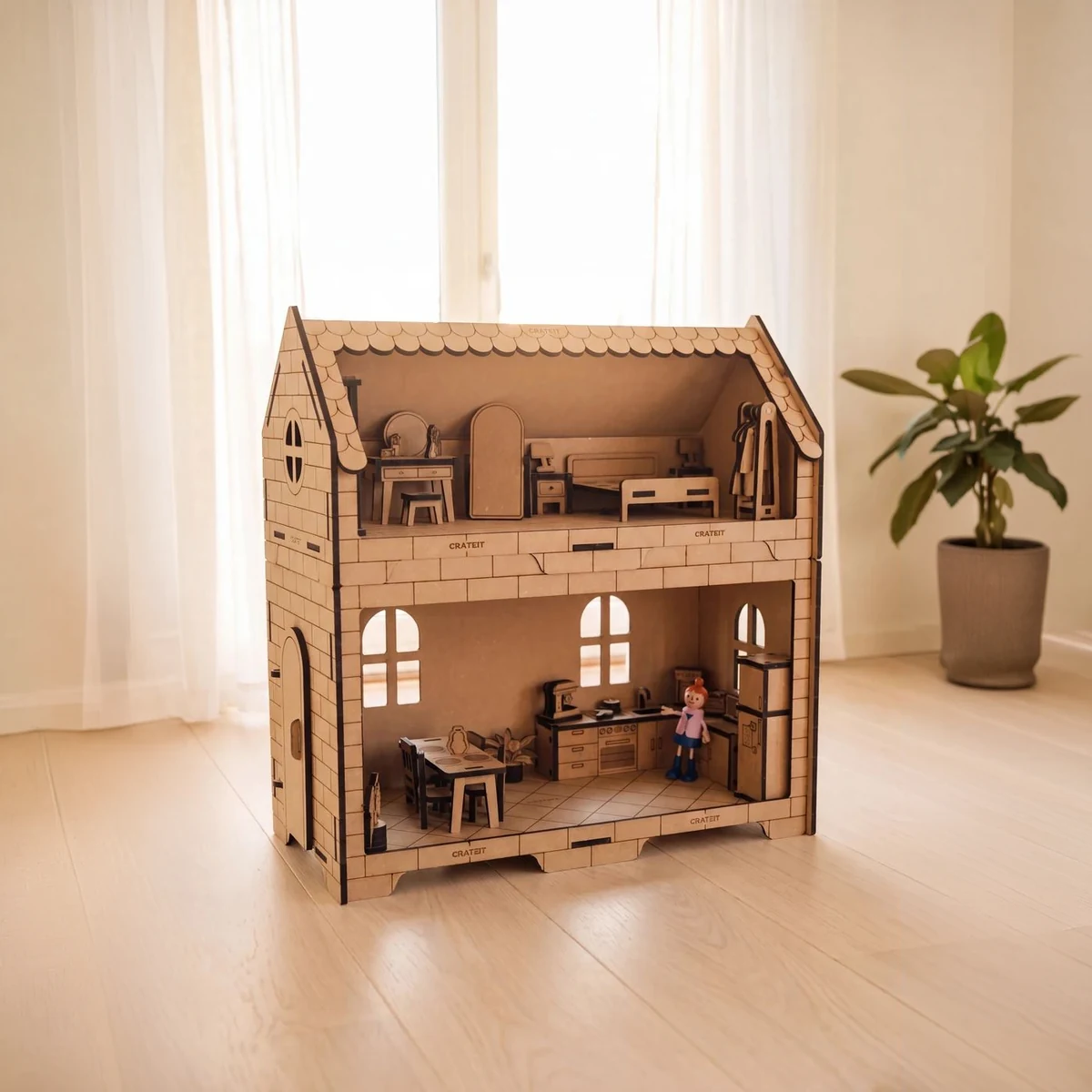 Crateit Roomies - Wooden toy - Kitchen & Bedroom - Breakfast in Bed - hus i nordisk lys